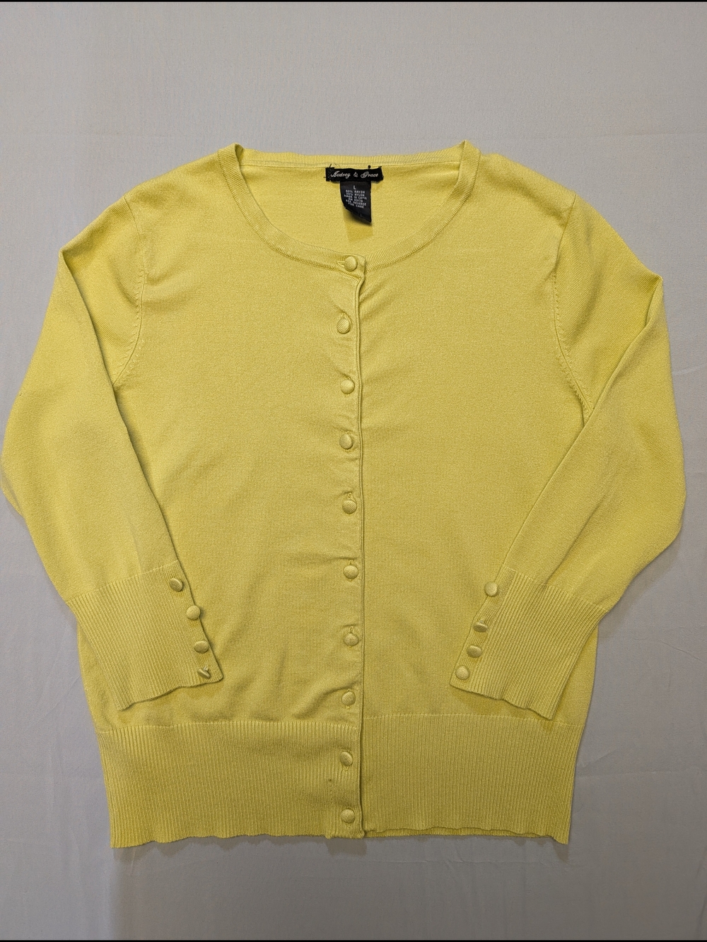 Audrey & Grace Cardigan Sweater Women's Size L Yellow Button-down 3/4 Sleeves